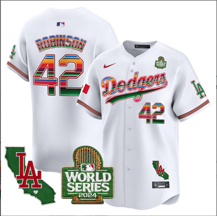 Men MLB Mexico Los Angeles Dodgers #42 Robinson white 2024 World Series Champions Patch Jersey 20241105->los angeles dodgers->MLB Jersey